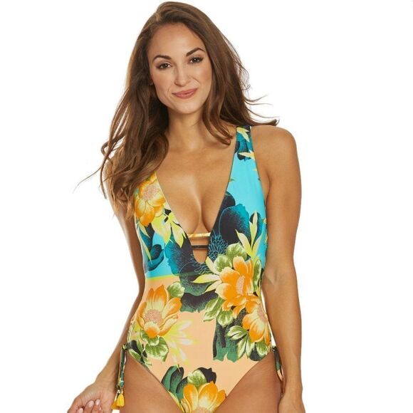 Lucky Brand Tropical Sunrise Plunge One  Piece women's swimsuit size Xsmall - Picture 1 of 6